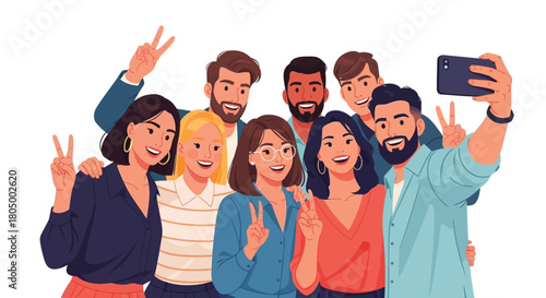 Diverse group of friends happily taking a selfie together making peace signs and smiling brightly