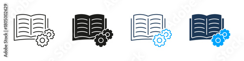 Open Book With Gear Education Settings Line and Solid Icon Set. Knowledge Learning Configuration Symbol Collection. Isolated Vector Illustration