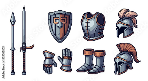 Set of medieval knight equipment in a retro pixel art style, featuring a plumed helmet, steel breastplate, sword, spear, and shield for a fantasy video game inventory