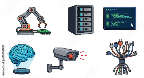 Technology and automation icon set in a pixelated art style featuring a robot arm, data server, computer code, holographic brain, security camera, and electrical plugs