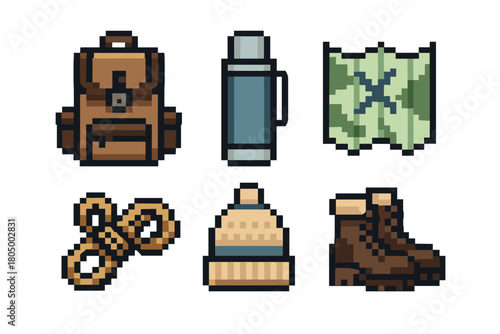 Set of pixel art icons for a hiking or adventure game, including a backpack, thermos, map, rope, hat, and boots, isolated