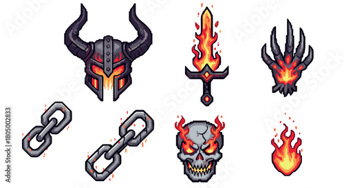 Set of pixelated fantasy game assets with a hellish theme, including a fire sword, evil skull, horned helmet, monster hand, and chains, designed in a retro 8-bit style