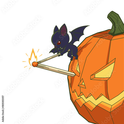 A whimsical cartoon illustration depicts a charming black bat perched atop a carved pumpkin, playfully holding a lit match to ignite the jack-o'-lantern's face.