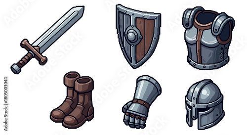 Set of pixel art fantasy knight armor and weapons, including a sword, shield, helmet, and gauntlet, isolated for a retro video game