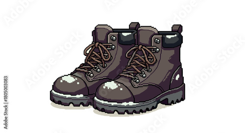 Pair of brown hiking boots with thick soles and laces rendered in a detailed retro pixel art style, isolated for a classic video game aesthetic