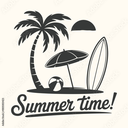 Tropical beach island poster vector illustration with palm tree, sun, and sea for summer vacation design