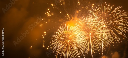 Golden fireworks exploding in the night sky with copy space for text overlay
