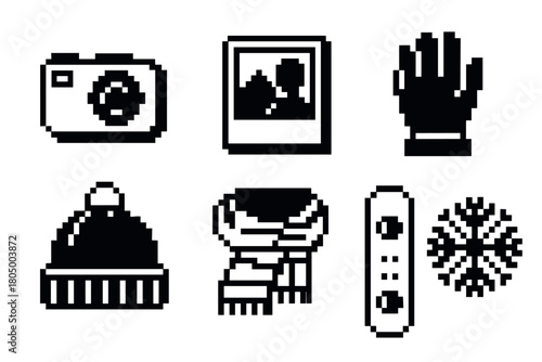 Monochrome 8-bit icon set for winter sports and vacation themes, featuring a camera, photo, glove, hat, scarf, snowboard, and snowflake in a retro pixelated style