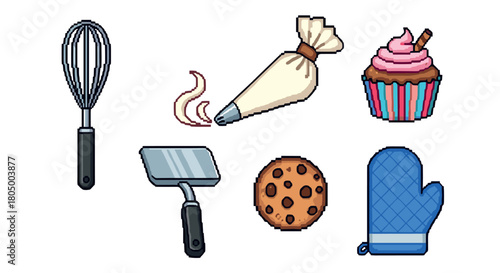 Charming pixel art icon set of various baking tools and sweet treats, including a whisk, cupcake, cookie, and oven mitt, isolated for a retro game aesthetic