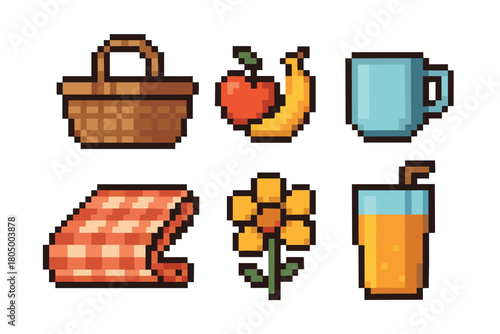 Charming set of pixel art icons featuring classic picnic items like a basket, fruit, juice, and a checkered blanket, isolated in a retro video game style