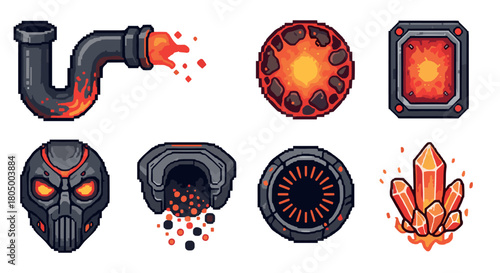 A collection of fiery and industrial pixel art icons for a video game, featuring a lava pipe, molten core, futuristic helmet, and glowing crystals
