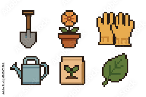 Collection of pixel art gardening tools and elements, including a shovel, potted flower, gloves, watering can, seed packet, and leaf, presented on a clean white background