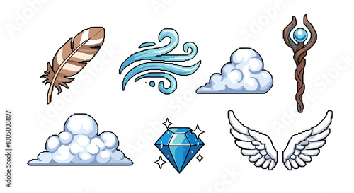 Set of fantasy air element pixel art icons for a video game, featuring a feather, wind gust, clouds, angel wings, a wizard staff, and a sparkling diamond