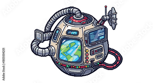 Retro 8-bit video game style illustration of a futuristic spherical space probe with a control panel and a monitor showing a map of the globe