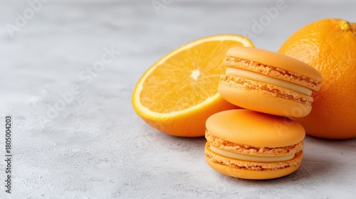 Orange macarons with fresh oranges on textured grey background for culinary and dessert themes