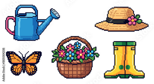 Charming collection of pixel art gardening icons, including a watering can, a basket of flowers, a straw hat, rubber boots, and a butterfly