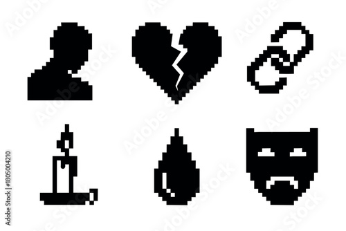 Collection of black pixel art icons representing sadness, grief, and heartbreak, featuring a broken heart, teardrop, tragedy mask, and mourning candle in a retro 8-bit style