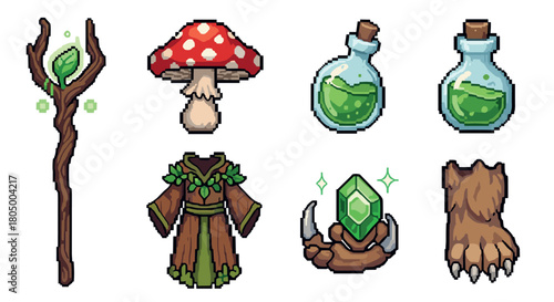 Collection of pixel art fantasy game assets including a magical wooden staff, a red mushroom, green potion bottles, a leafy robe, a glowing crystal, and a monster paw