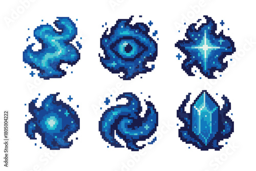 Collection of six vibrant blue pixel art magic elements, including swirling energy, an eye, a star, an orb, a spiral, and a crystal, depicted in a retro game style
