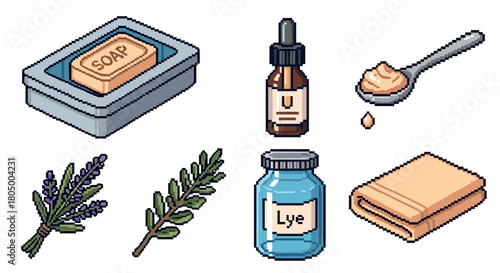 Isometric pixel art set of natural soap making supplies, including a soap bar, lye, lavender, herbs, essential oil, and a towel, illustrating a DIY cosmetic or hygiene concept