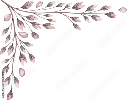 Delicate watercolor illustration of a blush pink and grey leafy branch in the upper left corner