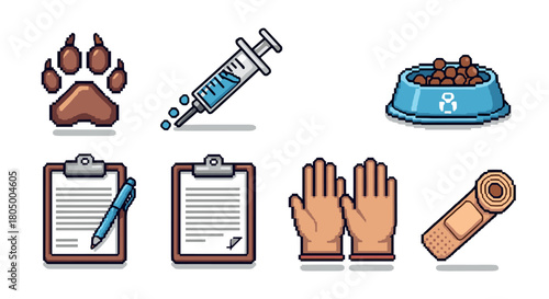 Collection of pixel art icons representing veterinary medicine and pet care, with a paw print, syringe, food bowl, clipboard, gloves, and bandage