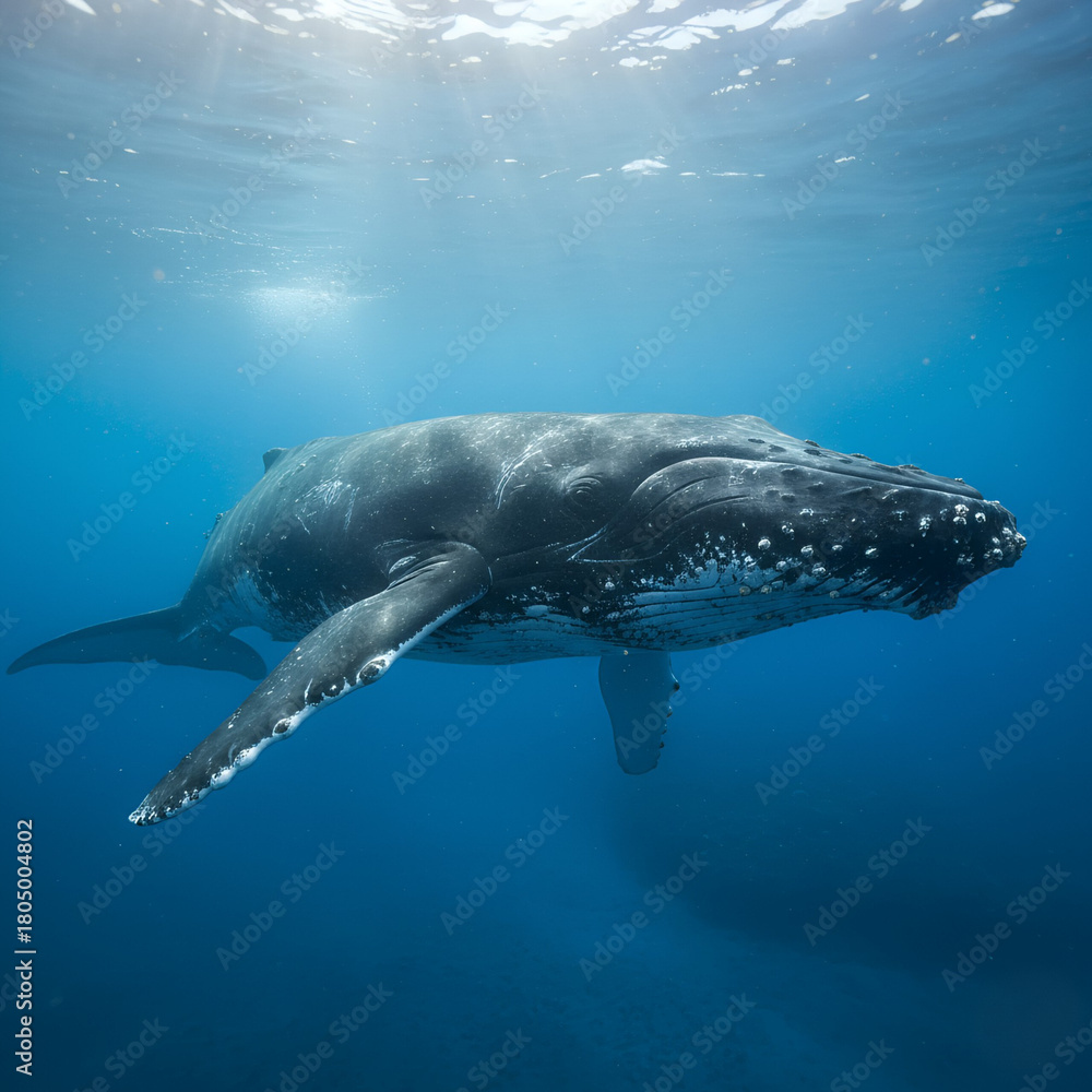 Obraz premium Underwater Whale Glide with Light Rays