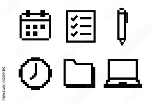 A set of six black pixel art icons for business and productivity, including a calendar, checklist, pen, clock, folder, and laptop,