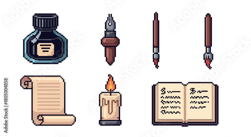 Charming collection of pixel art icons, showcasing traditional writing and art tools like an ink bottle, quill pen, paintbrushes, a scroll, a burning candle, and an open book, in a retro 8-bit style