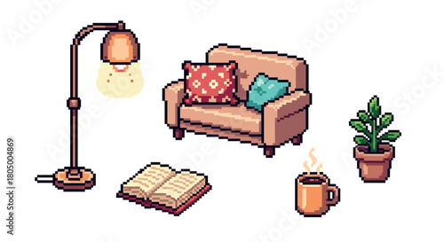 Pixelated set of cozy living room furniture and accessories for a relaxing evening, featuring a couch, lamp, book, hot drink, and plant in a retro 8-bit video game style