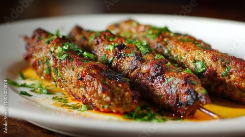 Close-up of grilled seekh kabab skewers on a plate with fresh herbs and spices, traditional south asian barbecue street food with juicy minced meat and aromatic seasoning