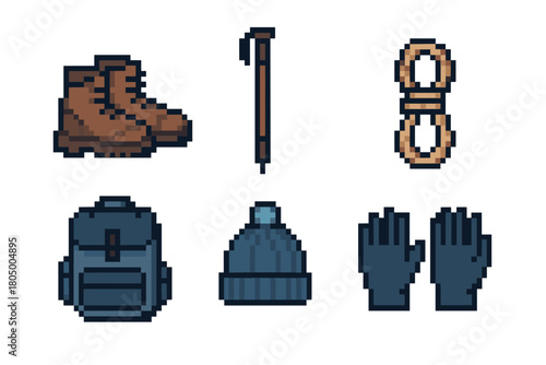 A collection of pixel art icons featuring essential hiking and mountaineering equipment, including boots, a backpack, rope, and winter gear,