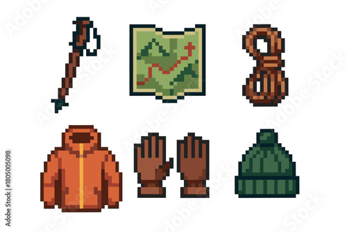 Collection of pixel art hiking and adventure gear icons, including a trekking pole, map, rope, jacket, gloves, and beanie