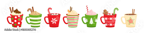 Christmas cup hot chocolate, cacao mug with marshmallow. Winter cute drink, holiday cartoon beverage set for New Year isolated on white bg. Xmas season cozy dessert food icon. Vector illustration