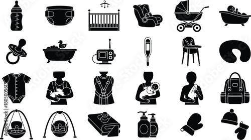 Collection of black silhouette icons representing essential baby care items and nursery furniture for new parents