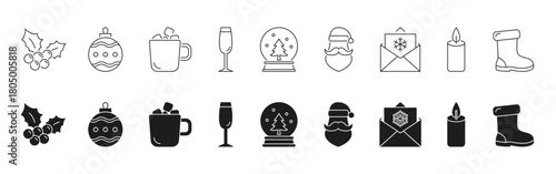 Christmas And Winter Holiday Icons In Line, Outline, And Glyph Set. Festive Celebration And Seasonal Decoration Symbol Collection. Holiday And Xmas. Isolated Vector Illustration