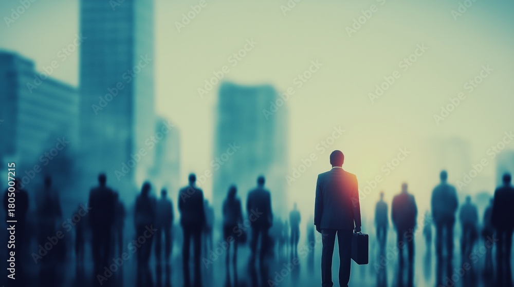 Fototapeta premium Lone Businessman Amid Blurred Urban Crowd
