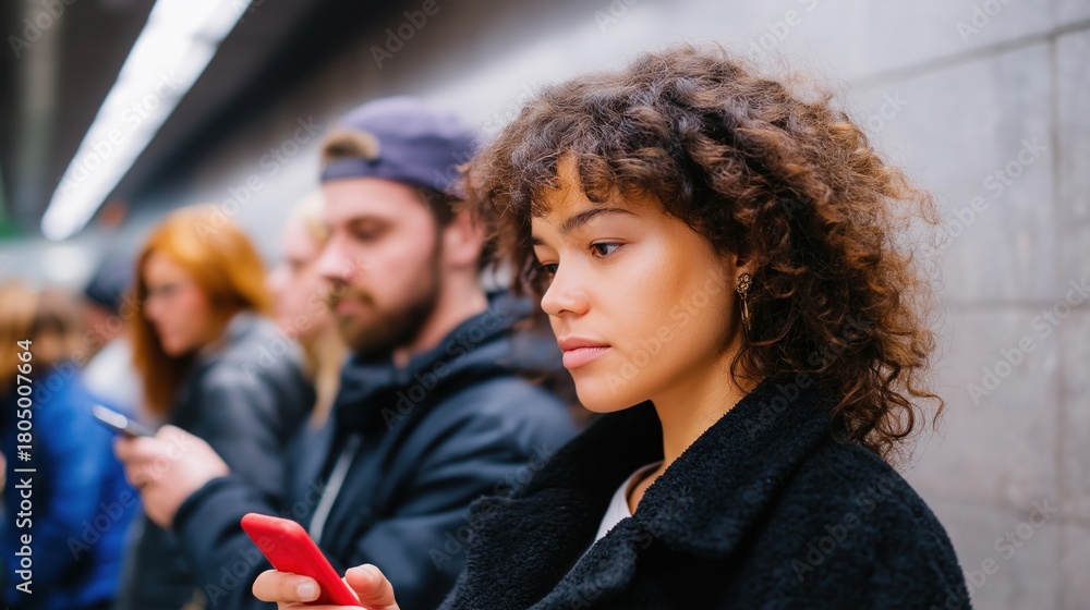 Fototapeta premium Woman Using Phone on Subway Platform