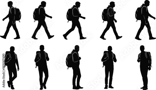 Male traveler walking silhouette with backpack, student hiker commuter, isolated vector illustration, urban journey, outdoor adventure lifestyle design