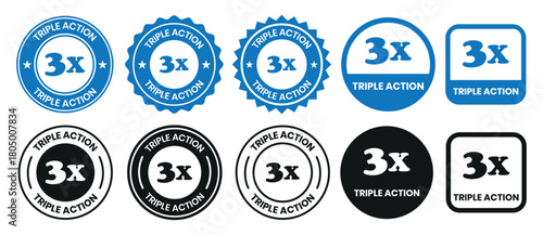 Triple Action - vector label for packaging label design. Triple Action sign, logo, badge, icon, sticker, label, emblem, stamp, symbol, black, line, flat vector, isolated illustration.