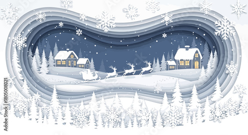 Enchanting Christmas Eve scene with Santa's sleigh and reindeer silhouetted against a snowy winter wonderland paper art landscape, evoking holiday magic
