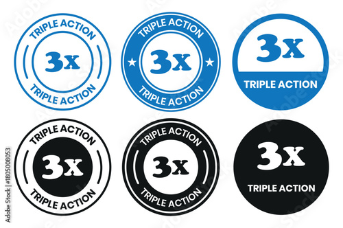 Triple Action - vector label for packaging label design. Triple Action sign, logo, badge, icon, sticker, label, emblem, stamp, symbol, black, line, flat vector, isolated illustration.