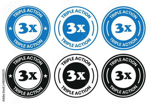 Triple Action - vector label for packaging label design. Triple Action sign, logo, badge, icon, sticker, label, emblem, stamp, symbol, black, line, flat vector, isolated illustration.