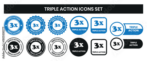 Triple Action - vector label for packaging label design. Triple Action sign, logo, badge, icon, sticker, label, emblem, stamp, symbol, black, line, flat vector, isolated illustration.