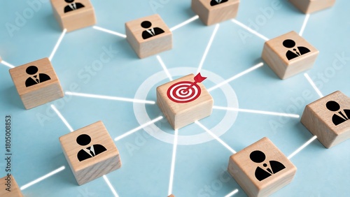 Connected Wooden Blocks Symbolizing Teamwork and Shared Goals with a Target Block in the Center Representing Success