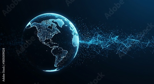 Abstract digital earth with glowing network connections and light particles emanating from the planet on a dark background, symbolizing data flow