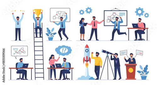 Vector illustration of various business people involved in various teamwork activities.