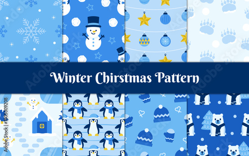 A set of winter Christmas patterns in white, blue, navy tones featuring snowman, snowflakes, cozy accessories, and snowy designs. Perfect for wrapping paper, digital papers, and fabric.