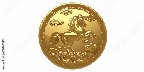 Golden embossed horse and clouds emblem on white background