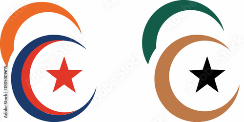 Abstract crescent moon and star symbols in two color schemes representing national identity and heritage